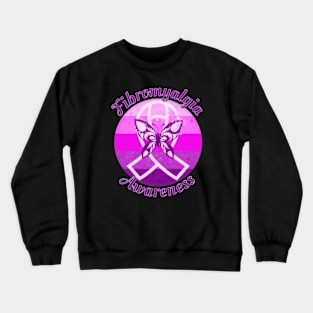 Fibromyalgia Awareness Retro Sunset Mystic Ribbon and Butterfly Crewneck Sweatshirt